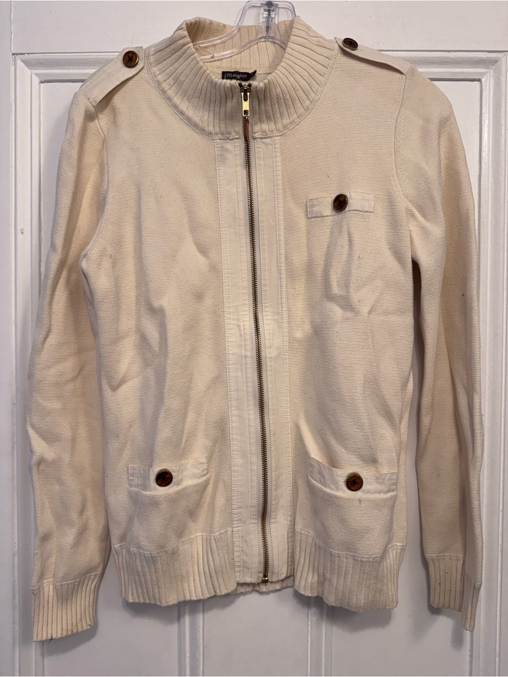 J. McLaughlin Cream Zip-Up Knit Sweater Jacket with Button Accents